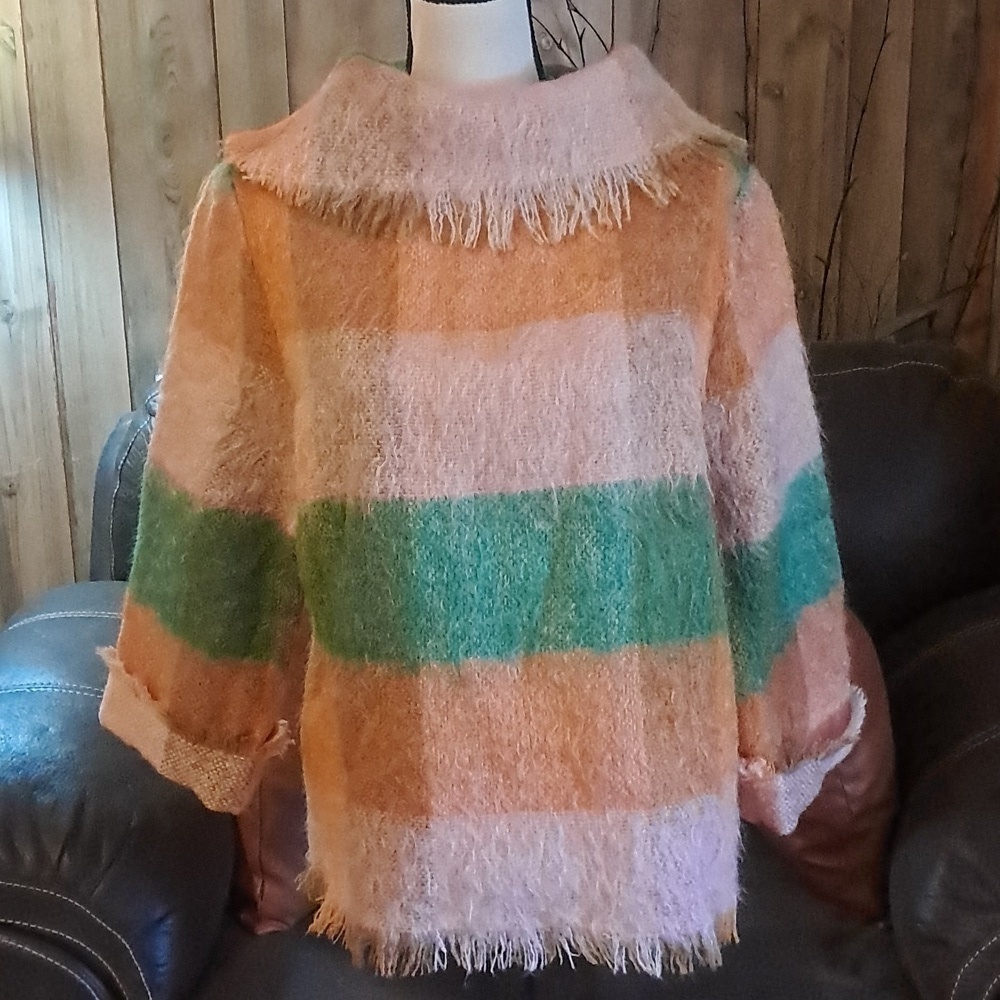 Mohair Wool Cowl Neck Sweater w Roll 3/4 Sleeve Colorblock Fringe Multicolor